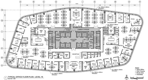 A complex office floor plan with curved walls and many rooms