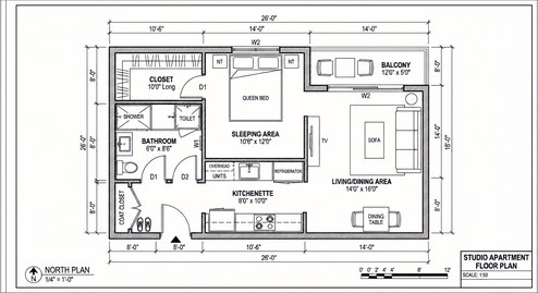 A simple studio apartment floor plan
